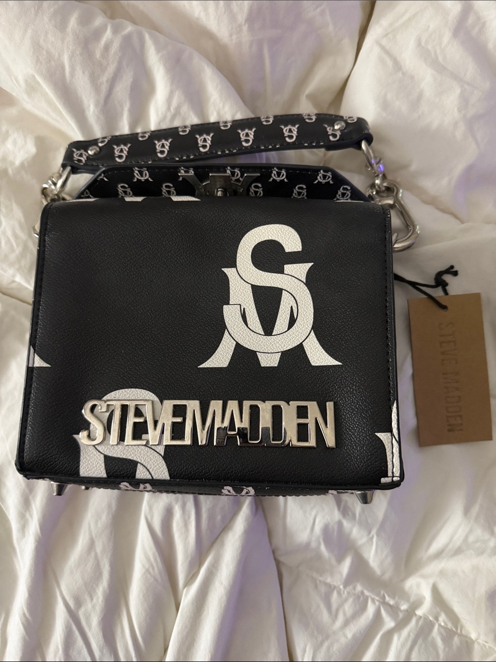 Steve Madden Black and White Logo-Print Messenger Bag